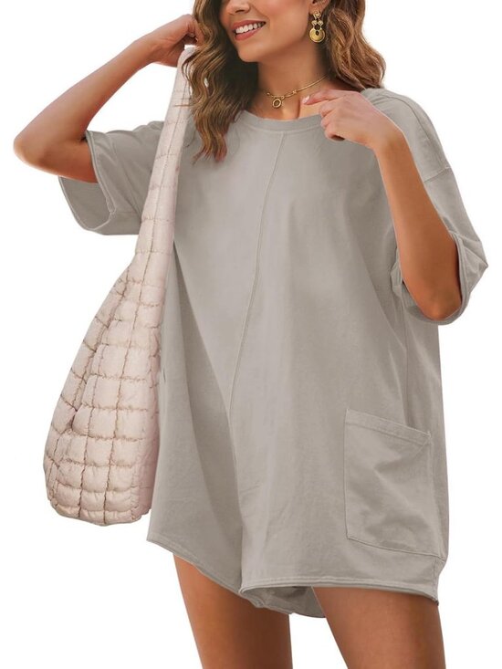 Pants - Women Light Grey Summer Casual Onesie Backless Loose Short Oversized Tee Romper
